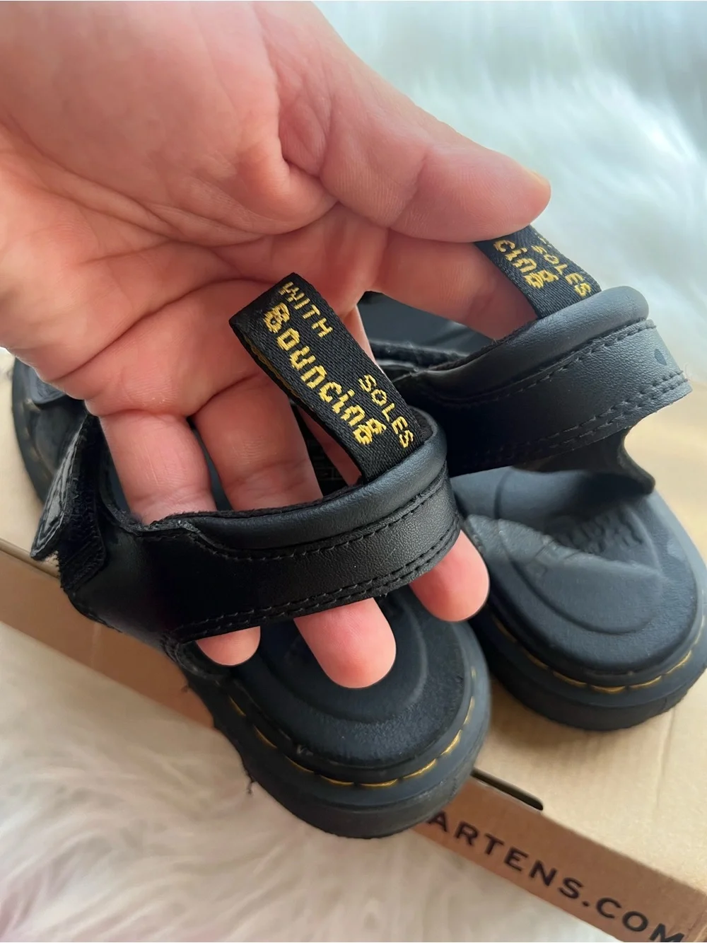 Dr. Martens Kids Black Triple-Strap Vegan Sandals with Yellow Stitching